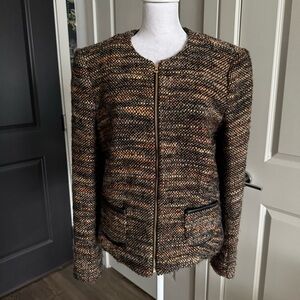 L’Agence Neural Multicolored Wool Blend Tweed Jacket with Leather Trim Size 8